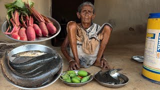 SNAKE Fish with Radish & tomato recipe cooking by poor widow Grandma and eating|Village food Channel