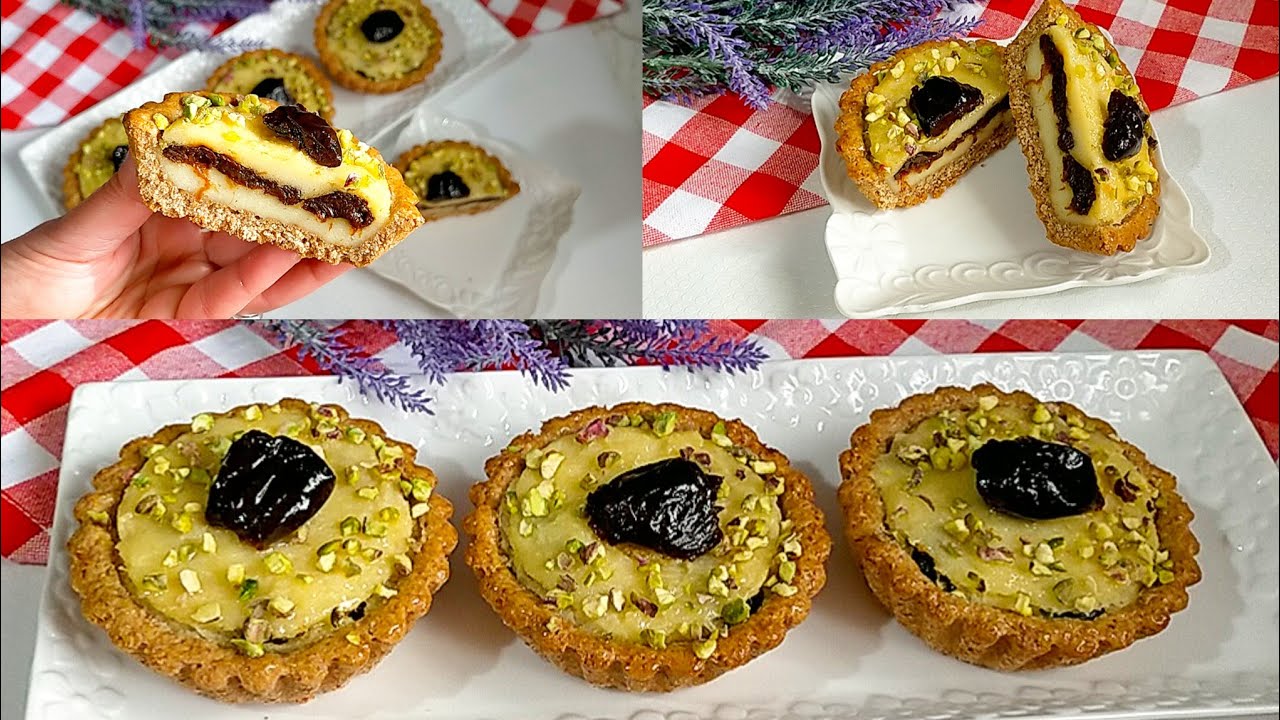 اروع ميني تارت بدقيق القمح الكامل بدون زبدة بالبرقوق المجفف وكريم باتسيير بالسميدة