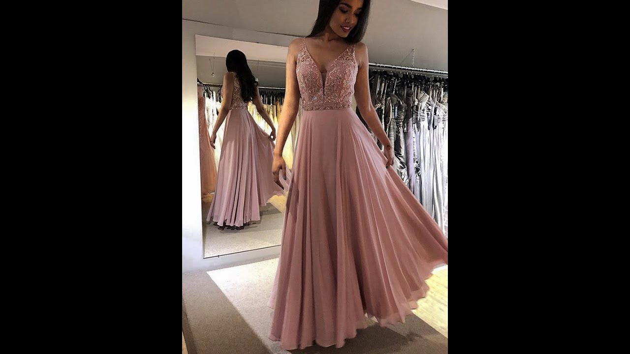 Abendkleid Lang Ballkleider Altrosa Chiffon Fließend Spitze Perlen V Ausschnitt Abendkleid Lang Ballkleider Altrosa Chiffon Fließend Spitze Perlen V Ausschnitt