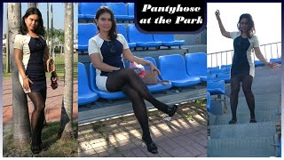 Shiny Hose. Short Dress & Heels At The Park & Sport Stadium