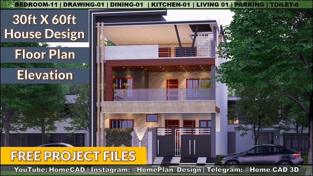 30x60 House Design with Floor Plan, Elevation and Free AutoCAD Revit Project Files