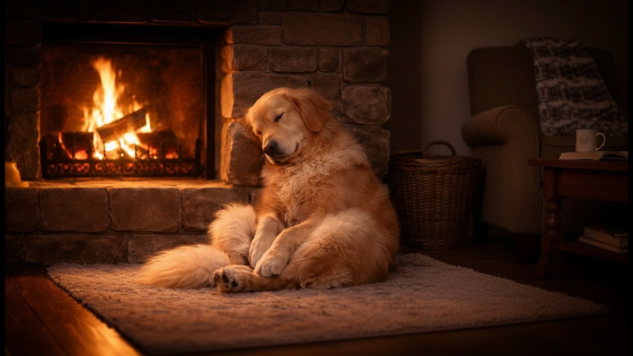 🐾 Cozy Golden Retriever by the Crackling Fireplace | Relaxing Jazz & ASMR