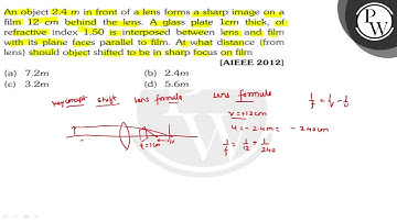 An object \( 2.4 \mathrm{~m} \) in front of a lens forms a sharp image on a film \( 12 \mathrm{~...