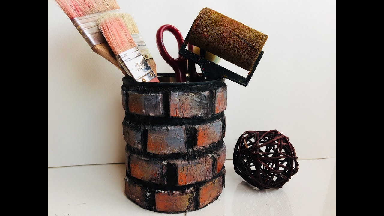 DIY How to make brick wall textured pen holder with empty tin and