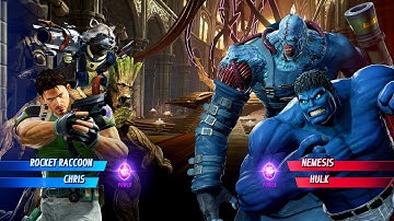 Rocket Raccoon & Chris vs Nemesis & Blue Hulk (Very Hard) Marvel vs Capcom | 4K UHD Gameplay