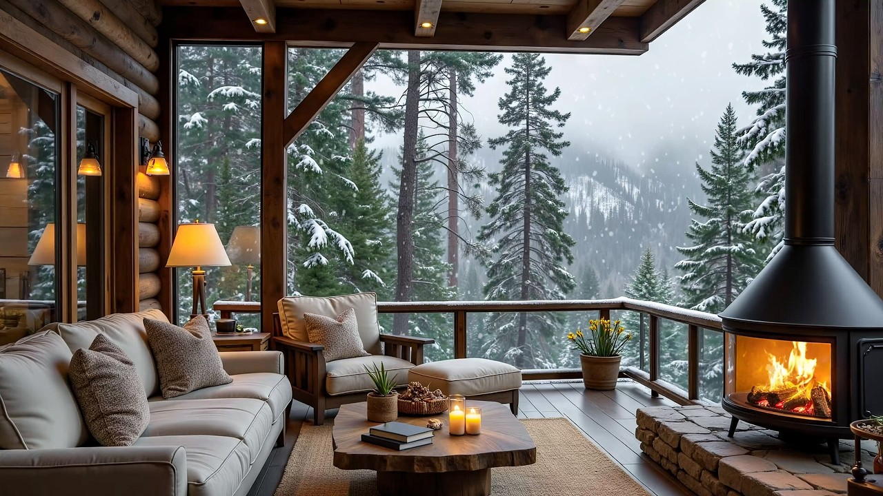Snowy Landscapes with Cabin Porch Piano Music ️ Perfect for Study and ...