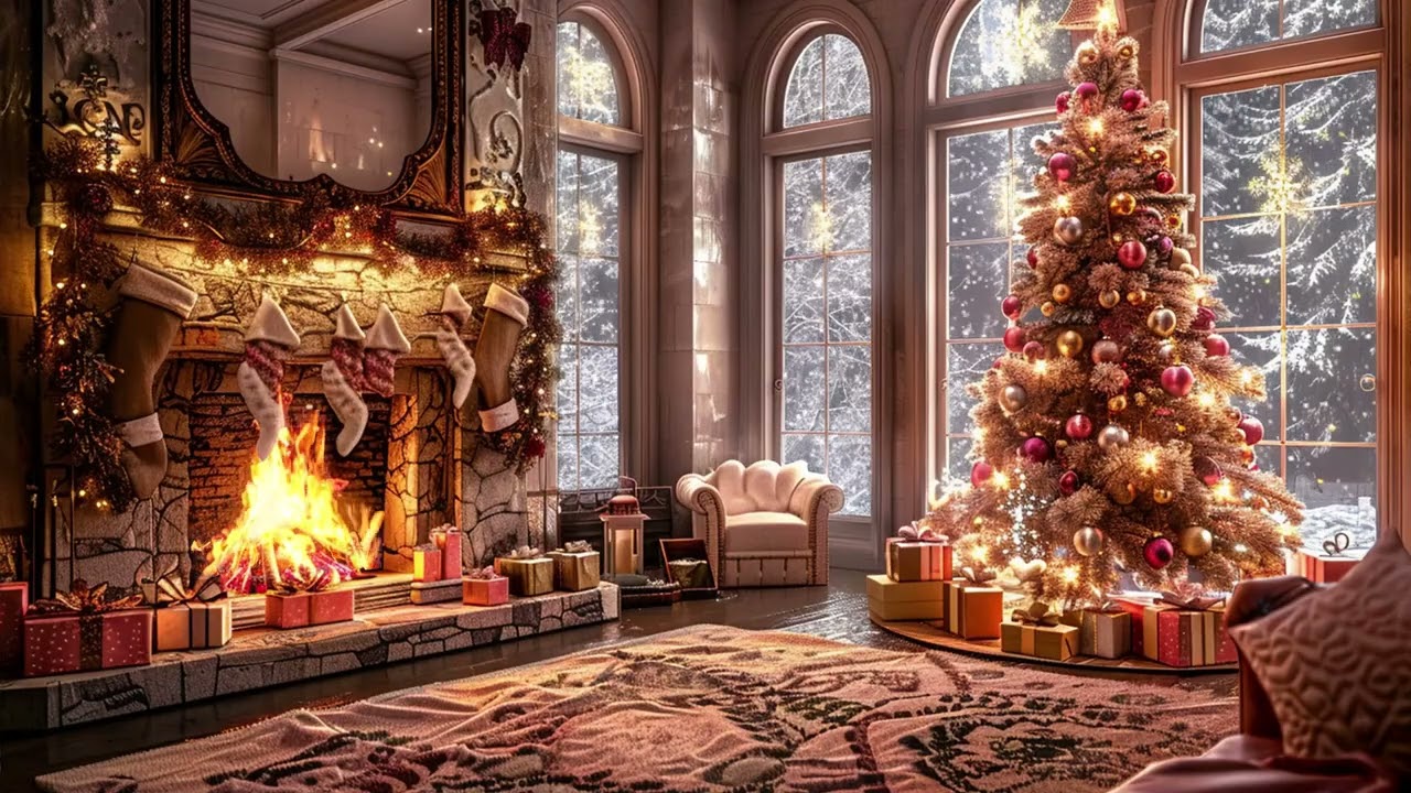 Cozy Pink Winter Night | Soft Falling Snow & Fireplace Crackling for Sleep & Relaxation Therapy