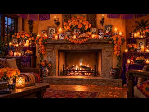 Día de los Muertos Ofrenda: A fireplace crackles beneath an ofrenda of marigolds, candles and framed photographs in a warm, candlelit room.