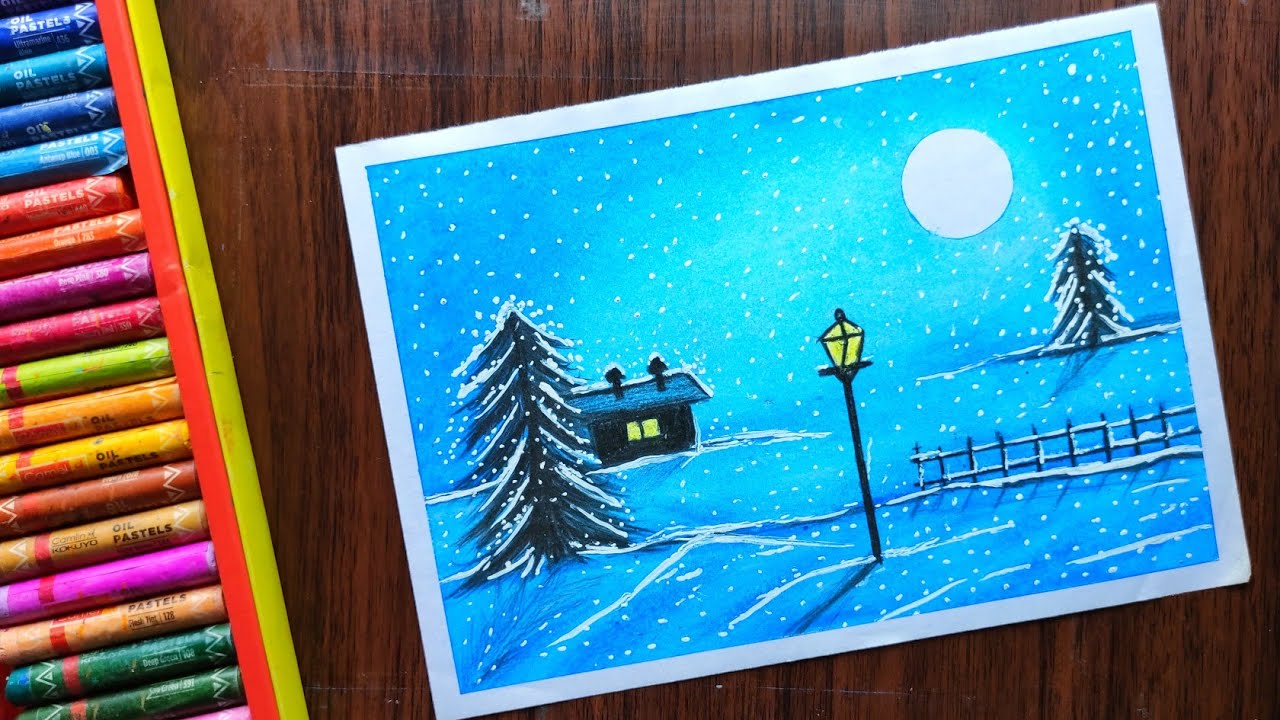 Snow fall night beautiful scenery drawing for beginners by oil pastle ...