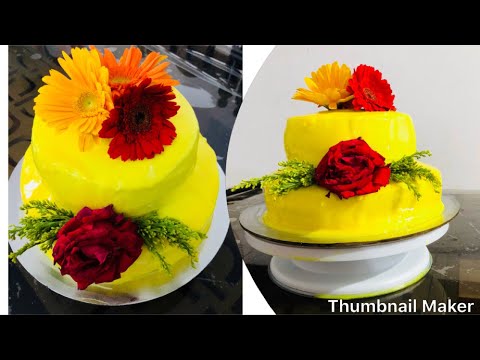 easy-two-tier-haldi-cake-/-wedding-cake-/-how-to-make-two-tiered-cake-without-oven