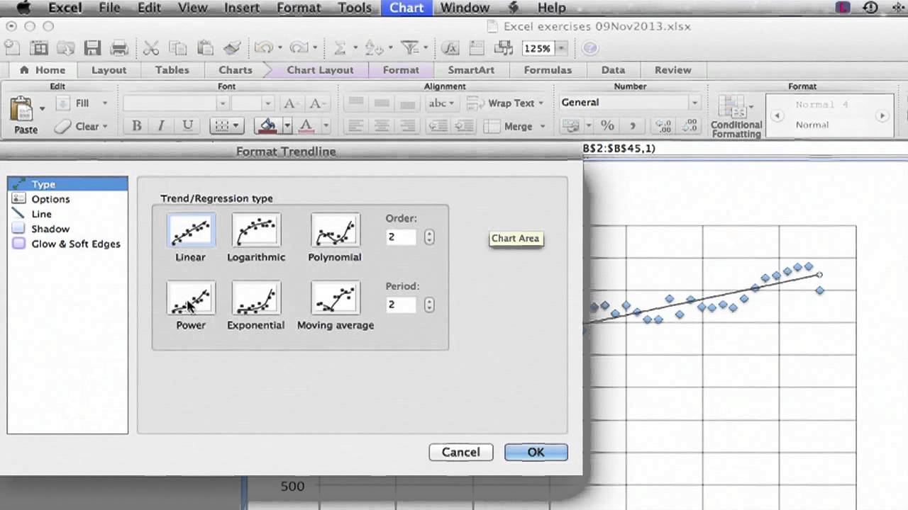 how to add excel trendline mac