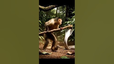 Monkey Saves a Small Mouse from a Dangerous Cobra Attack in the Rainy Forest #monkey #mouse #cobra