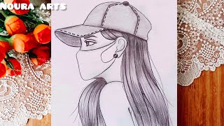 رسم سهل | رسم بنات | تعليم رسم بنت كيوت تضع كمامة خطوة بخطوة | رسم بقلم الرصاص | رسم بنت ترتدي قبعة