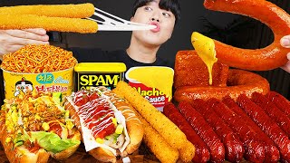 ASMR MUKBANG | CHEESE HOT DOG, Cheese stick, Fire Noodles, sausage recipe ! eating