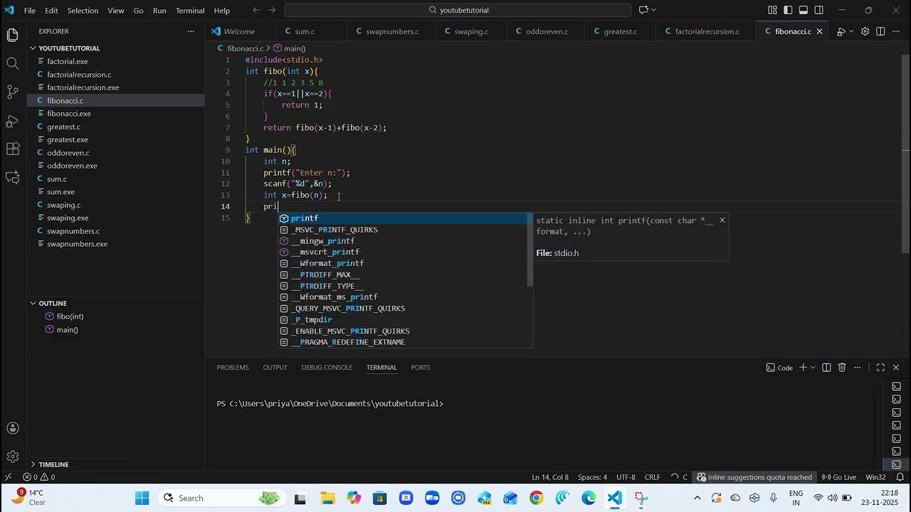 Fibonacci sequence by recursion in C