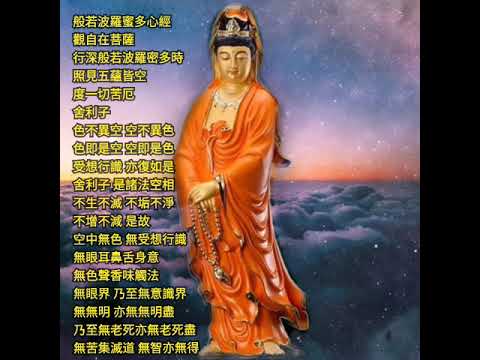 般若波羅蜜多心經 觀自在菩薩 行深般若波羅密多時 照見五蘊皆空 度一切苦厄  舍利子 色不異空 空不異色  色即是空 空即是色  受想行識 亦復如是  舍利子 是諸法空相 不生不滅 不垢不淨 不增不減