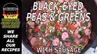 Black Eyed Peas & Greens with Sausage
Black-Eyed Peas & Greens with Sausage
A traditional New Year’s Day meal in the American South
(For a 12” Camp Oven)
Ingredients:
2 tbsp. olive oil
1 tsp. thyme, divided
½ tsp. black pepper, divided
1 large onion, chopped
4 slices bacon, chopped
4 cloves garlic, minced
1 large bunch of greens (mixed ok)
½ tsp. salt
½ tsp. sugar
1 tbsp. balsamic vinegar
4 cups reduced sodium chicken broth, dived
6 cups frozen black-eyed peas (about 2 ½ lbs.)
1 cup water
1 can diced tomatoes (16 oz.)
1 lb. smoked sausage or kielbasa, sliced like coins
Directions:
1. Heat 12” camp oven over high heat. (About half a chimney of briquettes) Add olive oil, ½ tsp. of thyme and ¼ tsp. black pepper. Place chopped onion and chopped bacon into the oven, sauté until onion is tender. Add minced garlic, cook for about 1 minute. Add greens a little at a time, cook until wilted. Stir in ½ cup chicken broth. Once the greens have cooked down, add the balsamic vinegar and sugar to the greens mixture. Cover and simmer for 5 minutes.
2. Gently stir in the black-eyed peas, diced tomatoes, 3 ½ cups chicken broth, 1 cup water, remaining ½ tsp. thyme, ½ tsp. salt and remaining ¼ tsp. black pepper. Stir well.
3. Fold in sliced sausage. Cover and simmer over low heat until liquid is reduced by one third, about 45-60 minutes. Uncover and continue to simmer over low heat until desired consistency is reached and you are ready to eat. Enjoy!!!
This dish goes great with cornbread, grits and macaroni & cheese.
Luck in a Bowl
Peas are Pennies
Greens are Dollars
Cornbread is Gold
Webisode Index:
0:00 Intro
0:32 Opening
1:12 Pantry Box
2:32 Base Prep
3:03 Coal Prep
3:27 Sauté Onions & Bacon
5:32 Cooking the Greens
7:46 Adding Some Broth
8:02 Adding Vinegar & Sugar
8:51 Adding the Peas
9:50 Add Remaining Broth
10:08 Add Water
10:19 Add Tomatoes
10:47 Add Remaining Spices & Salt
11:20 Fold in Sausage
12:31 Cover & Simmer
12:56 Plated
13:55 Closing
14:17 Outro
15:03 Link to Our Best Mac & Cheese
Our Resource Links:
Cast Iron Cookware
Lodge Mfg.
https://www.lodgecastiron.com
Camp Chef
https://www.campchef.com
Cast Iron Roasted Coffee
WYO Buckin Beans
https://wyobuckinbeans.com/
Cutlery
Furnace Creek Forge
https://furnacecreekforge.com
King Arthur Flour
Pizza Dough Flour
https://shop.kingarthurbaking.com/items/high-gluten-flour-3-lb
Music
Epidemic Sound
https://www.epidemicsound.com/referral/i3zn3v/ Black Eyed Peas & Greens with Sausage