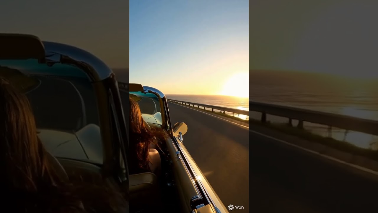 Dramatic cinematic shot, a classic convertible cruising on a coastal road at sunset. The driver