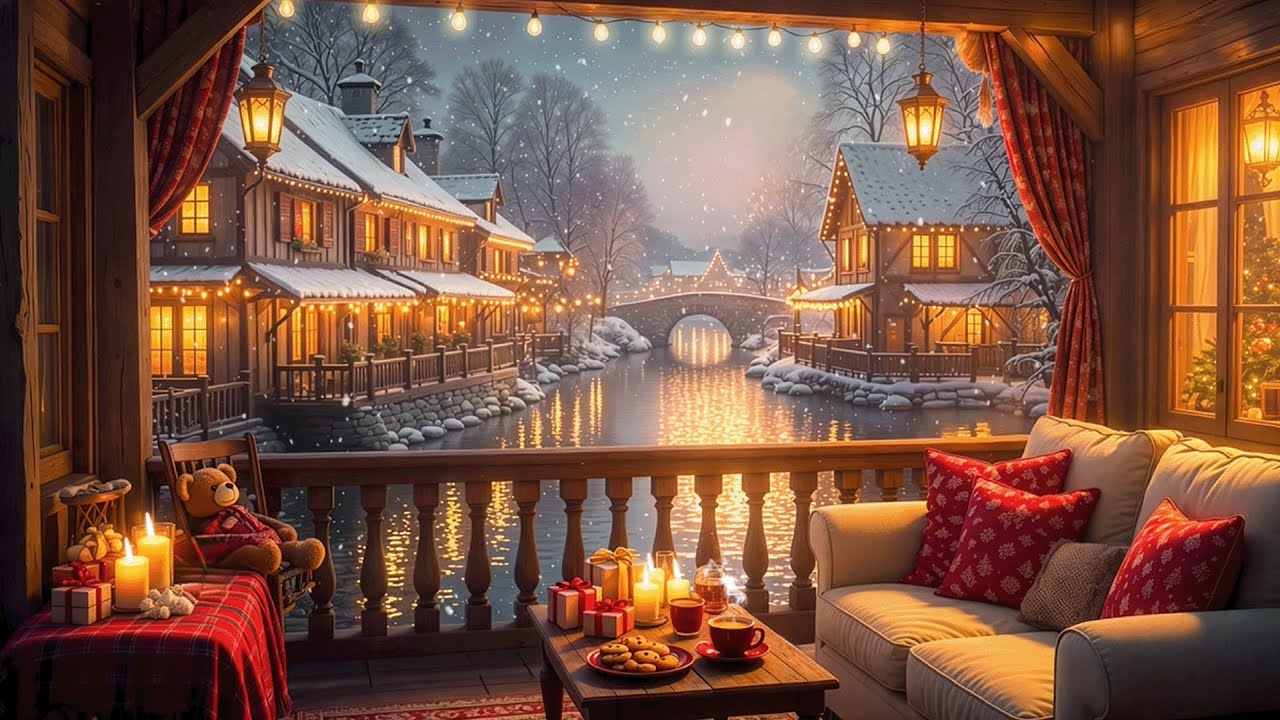 Warm Cozy Cabin Balcony with Lake View ❄️ Crackling Fireplace & Soft Piano Jazz Ambience