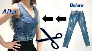 Refashion DIY Denim Bustier Top From Old Jeans / Corset Crop top / Recycle Old Jeans into Vest
