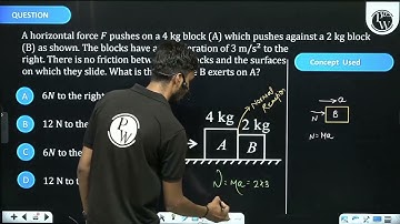 A horizontal force \(F\) pushes on a \(4 kg\) block (A) which pushes against a \(2 kg\) block (B....