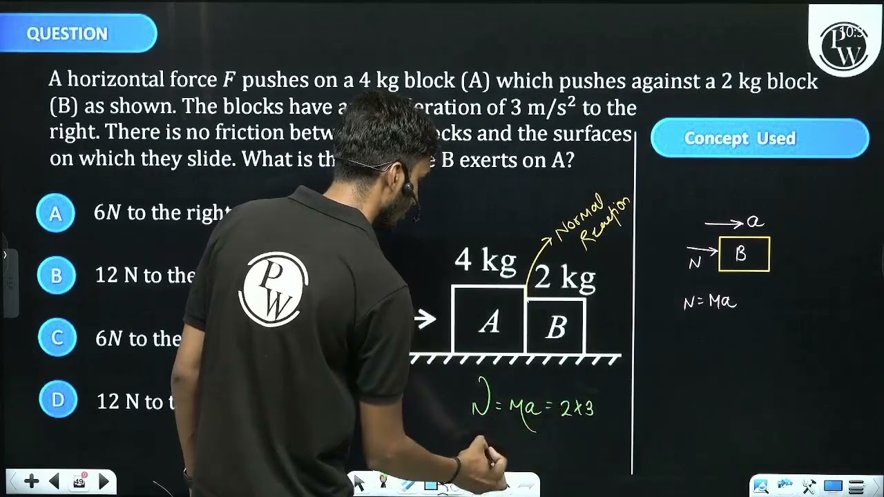 A horizontal force \(F\) pushes on a \(4 kg\) block (A) which pushes against a \(2 kg\) block (B....