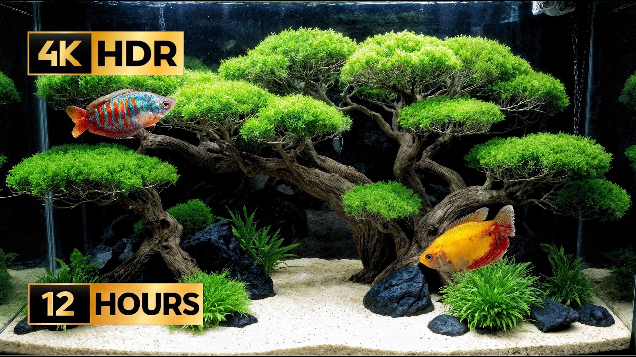 Bonsai Aquarium 12 Hours | Natural Water Sounds | No Music | Sleep & Focus | 4K HDR
