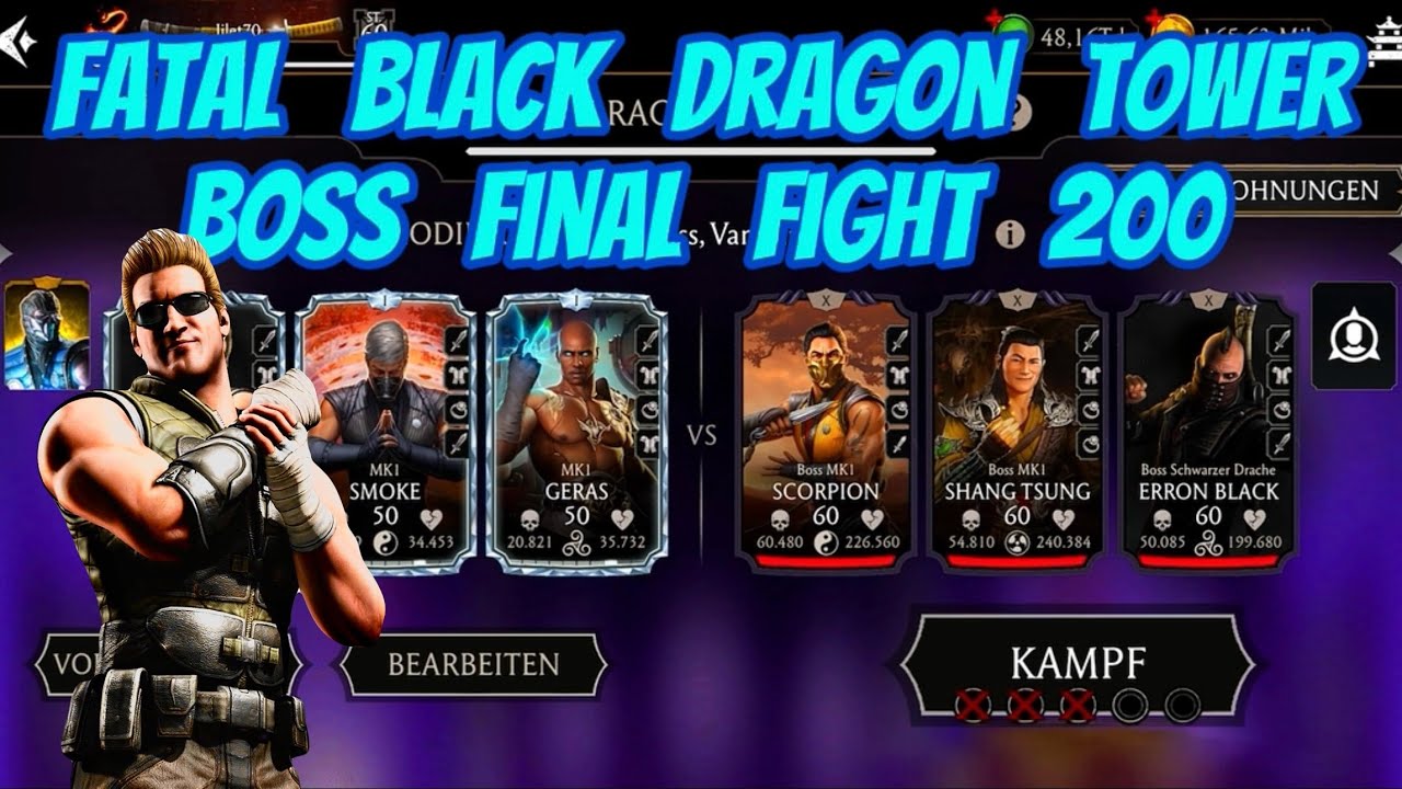 Mk mobile fatal black dragon tower boss final fight 200 only with Strike Force Johnny Cage