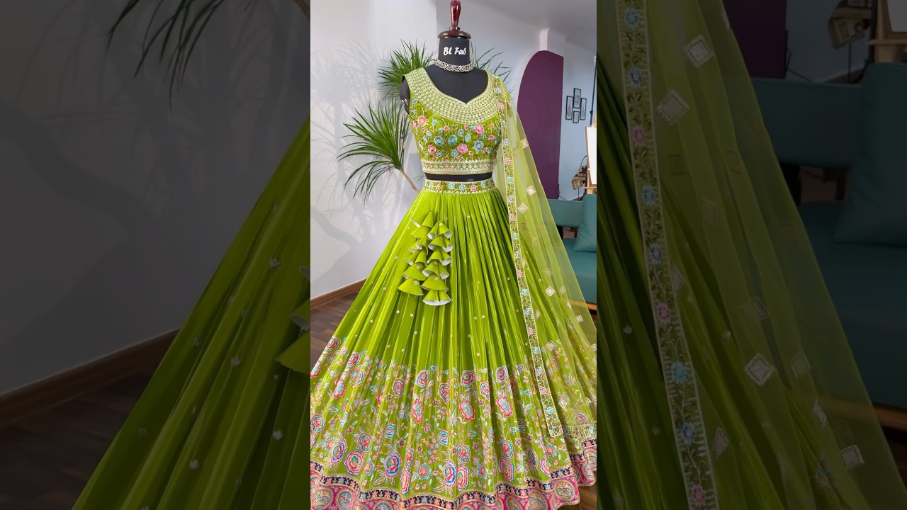 Green Color Possition print with Embroidery Lehenga 
