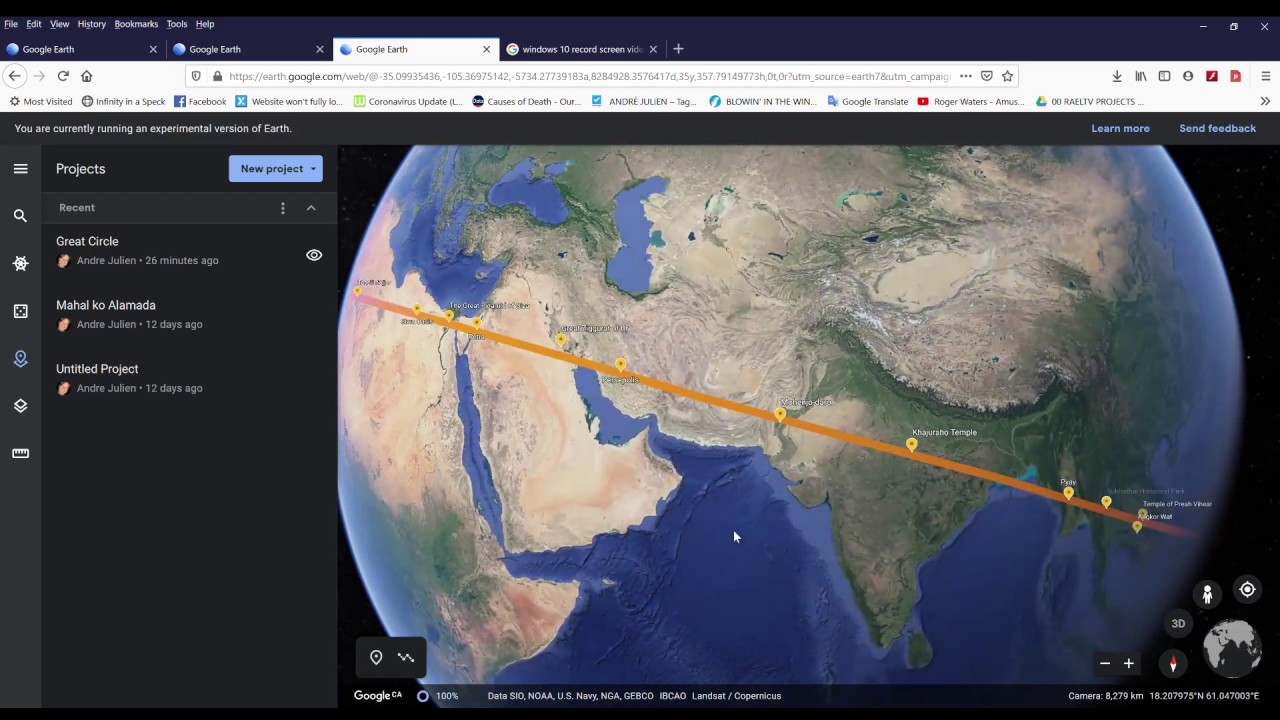 Great Circle alignment of  21 ancient sacred sites on Google Earth