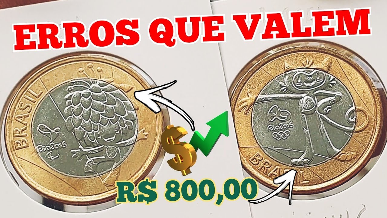 R$ 600 a 800,00; VARIANTES E ERROS mais raros nas moedas 1 real mascotes olimpíadas.