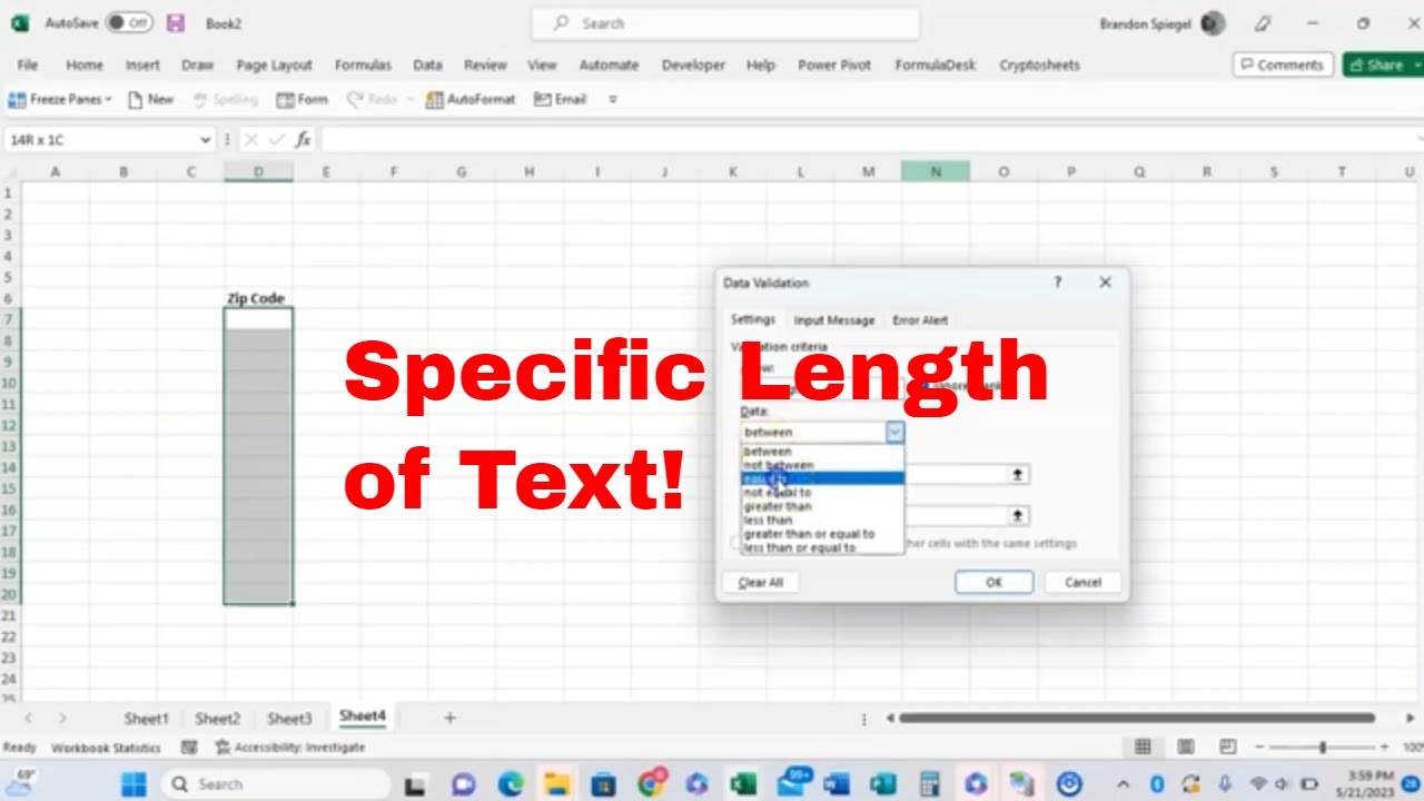 Data Validation to Only Allow A Specific Length of Text in Excel