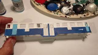 Freelance railcar episode 24: first coat of blue paint. Considerations and following steps.