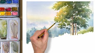 Watercolor Painting Natures Beauty: Trees, Flowers, and Winding Path