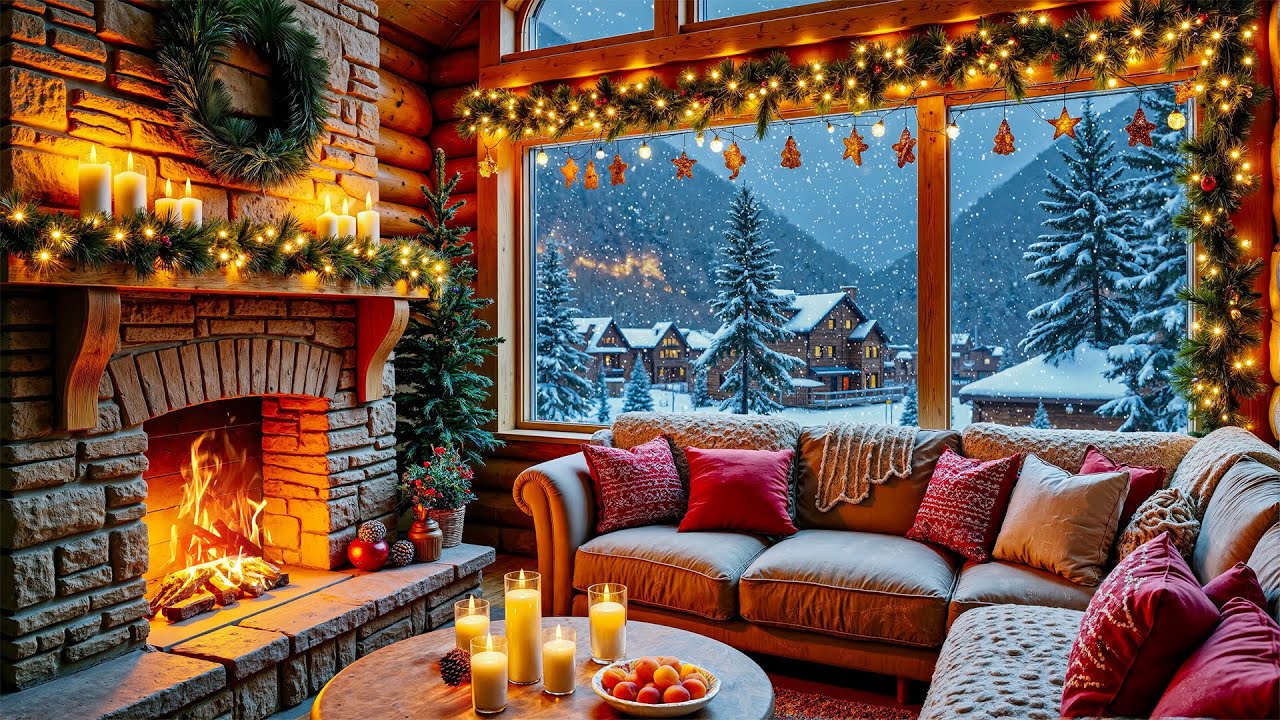Warm Winter Fireplace & Peaceful Piano, Romantic Ambience❄️Snowfall for Sleeping, Studying & Healing