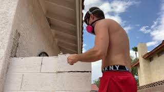 Cement block wall removal with rotary hammer