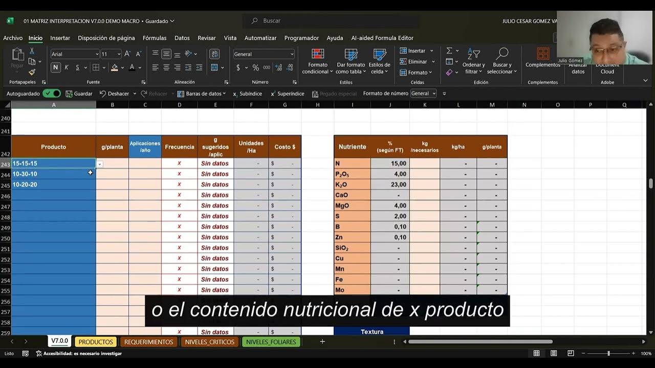 MATRIZ EXCEL V7.0.0 PT5 PLAN NUTRICIONAL EDÁFICO 1 YouTube