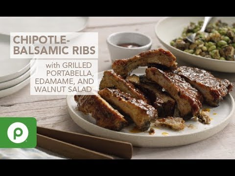 Chipotle-Balsamic Ribs with Grilled Portobello-Edamame and Walnut Salad.