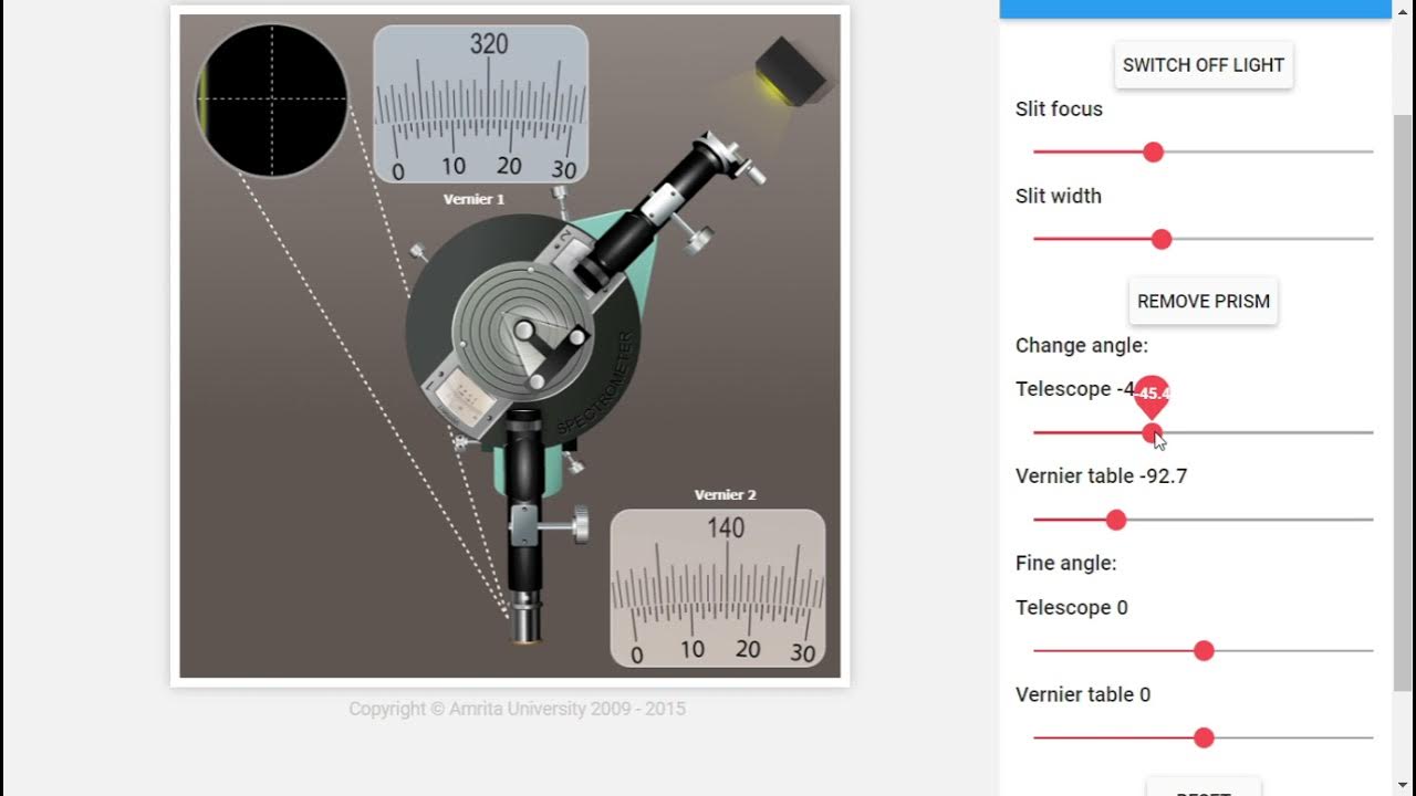 Spectrometer, Refractive Index of the material of a prism Simulator