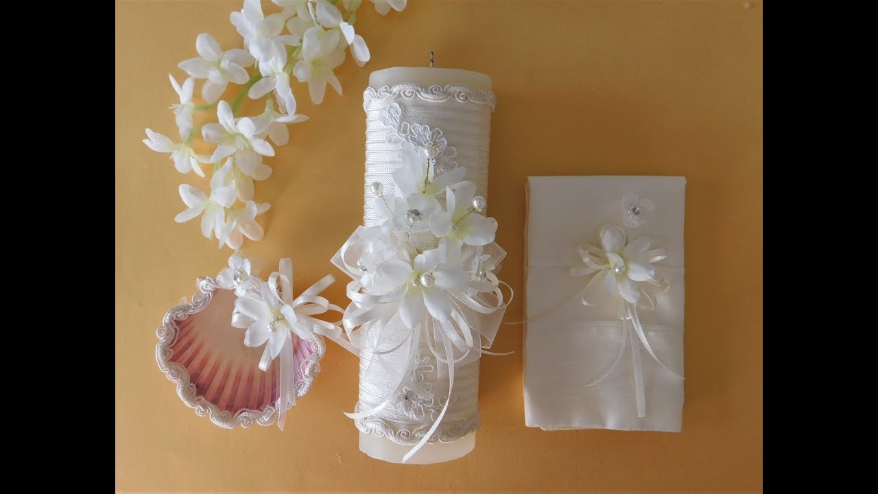 Vela para Bautizo con ramito flor seda y perlas