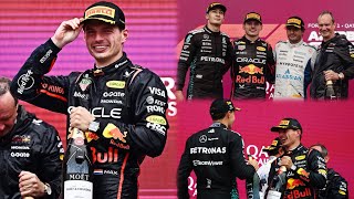 Max Verstappen celebrates with George Russell & Carlos Sainz after Baku win | Podium scenes