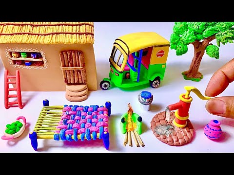 DIY How to make polymer clay miniature house, Rikshaw, Kitchen set, Hand Pump Tree, Charpai |Village