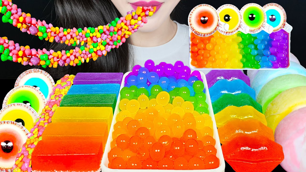 ASMR RAINBOW KOHAKUTO POPPING BOBA EYE BALL JELLY COTTON CANDY NERDS ROPE MUKBANG EATING SOUNDS