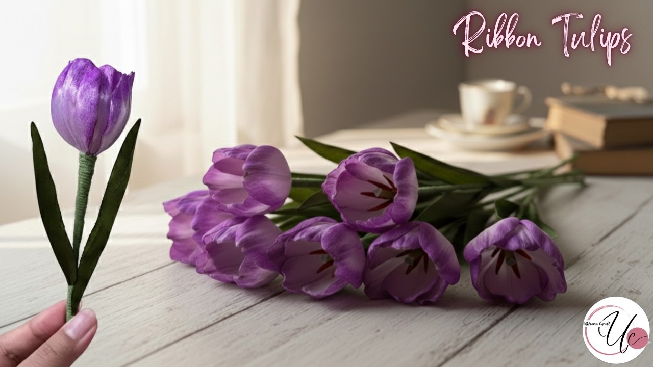 Простые приемы для создания цветущих тюльпанов из ленты | Урок по изготовлению тюльпанов