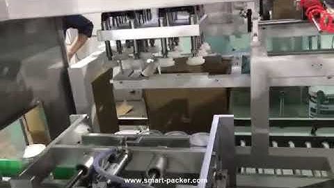 Automatic plastic PET bottle jar can robot hand cartoning encasing machine video
