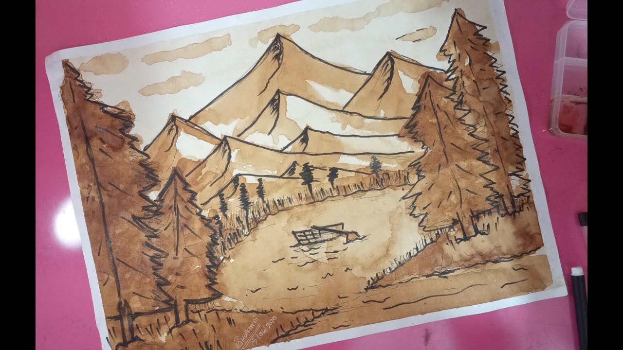 Scenery painting using coffee, Part 2 (#coffeepainting2) - YouTube