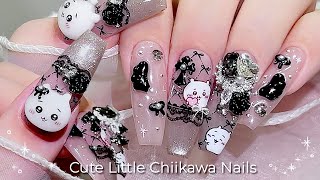 Nail with me: chubby chiikawa nails,,🥹🖤 | stamping struggle🎀 & 3D gel sculpting | nails at home ASMR