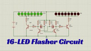 How to Build a 16-LED Flasher Circuit with Transistors in Proteus | Dual-Color LED Chaser Tutorial