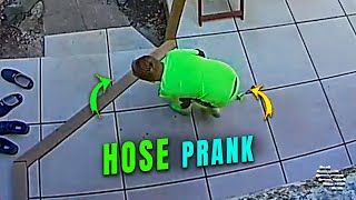 Boy Hoses around a Corner Then Pranks His Brother
