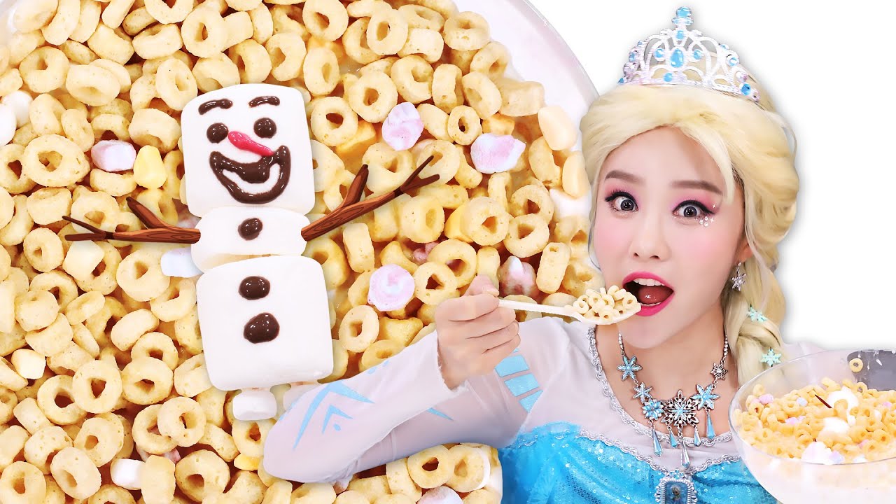 Frozen Elsa Olaf Cereal Mukbang 겨울왕국 엘사 올라프 시리얼 먹방 JiniYum 지니얌